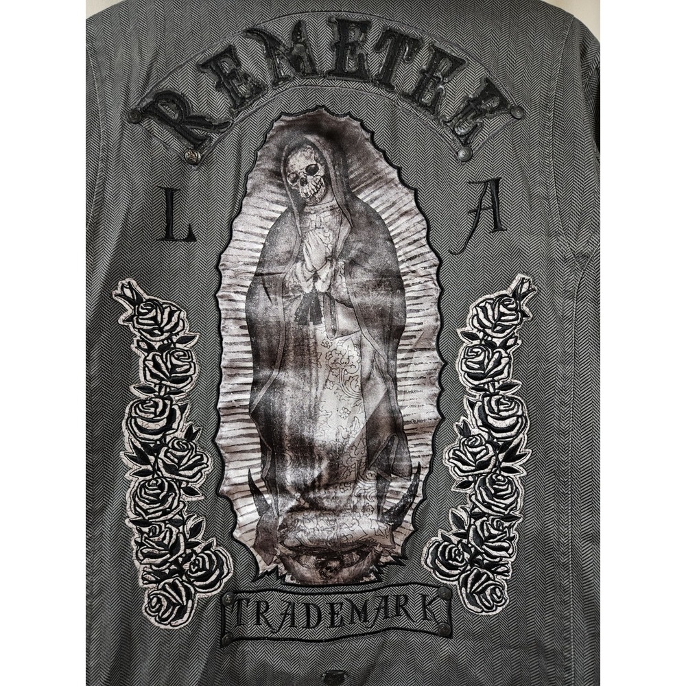 Remetee Military Style Jacket Size Large Black Daliah‎ Gray Lady of Guadalupe